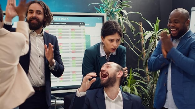 A startup team celebrating a successful funding round, looking at a growth chart on a whiteboard, symbolizing the importance of hitting milestones and preparing for future investment stages after securing seed funding.