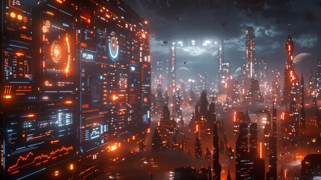 A futuristic cityscape with digital skyscrapers, some displaying error messages and security breaches, representing the complex cloud environments and the associated risk of misconfigurations affecting US tech companies.