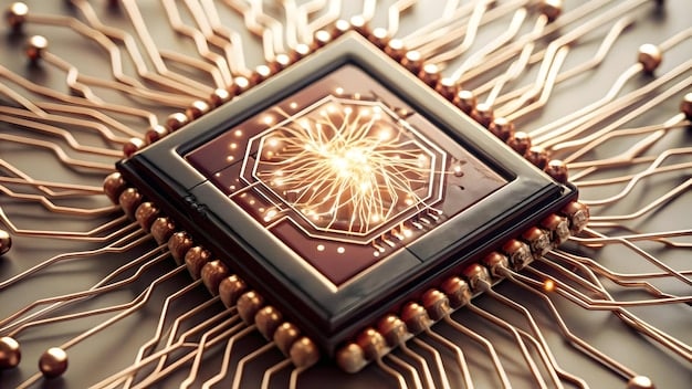 A close-up shot of a quantum computing chip, highlighting the intricate and delicate wiring. The chip is housed in a cryogenic chamber to maintain the necessary low temperatures for quantum operations. The image emphasizes the advanced engineering required for quantum computing technology.