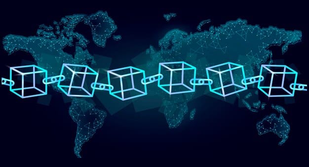 A visual representation of a supply chain with blockchain nodes securing and tracking each step, from manufacturing to delivery. This image highlights how blockchain can optimize various supply chain operations for a US tech startup.