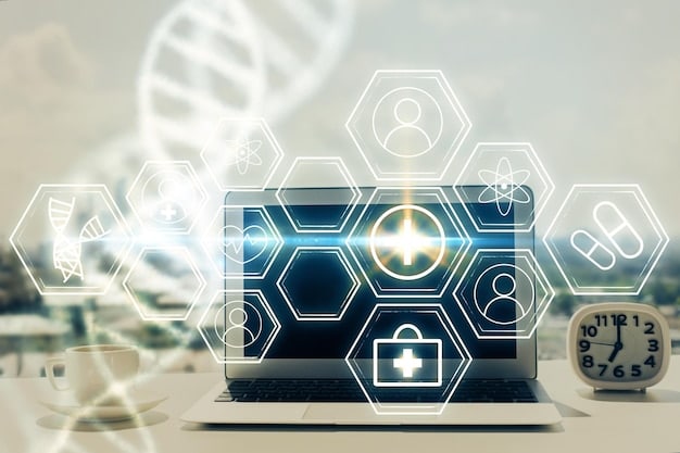 A digital representation of medical records secured and shared using blockchain technology, emphasizing data privacy and interoperability in healthcare settings.