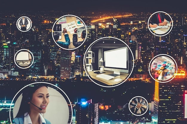 A collage showing various remote work technologies, including video conferencing software, project management tools, cybersecurity solutions, and cloud-based collaborative platforms. Each image is labeled with a brief description of its function and benefits.