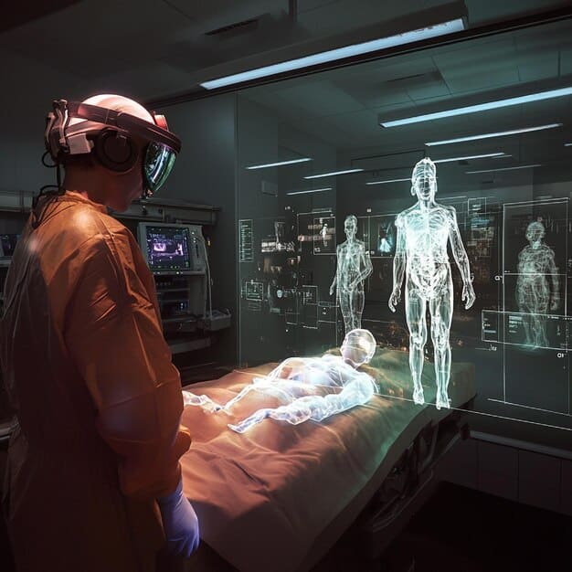 A surgeon using augmented reality to view a 3D model of a patient's anatomy during surgery, enhancing precision and reducing risks. The scene underscores 'What are the Most Promising Applications of Augmented Reality (AR) in US Industries?' within the healthcare sector.