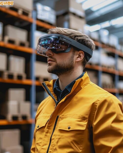 An augmented reality application showing a worker in a warehouse using AR glasses to optimize their picking route, with digital overlays showing the fastest path and item locations. The image exemplifies 'What are the Most Promising Applications of Augmented Reality (AR) in US Industries?' in logistics and warehousing.