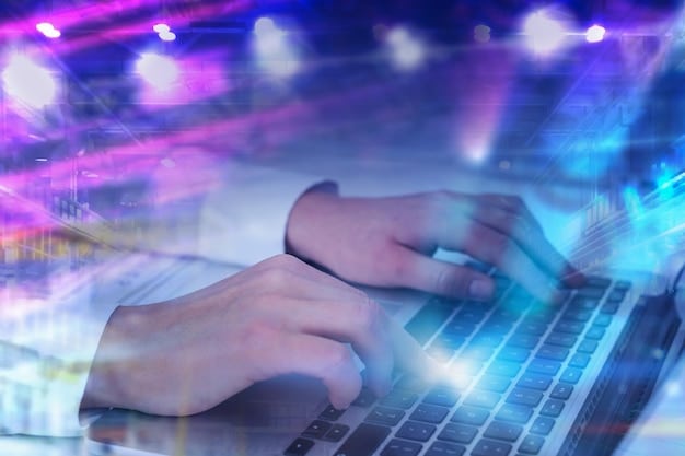 A close-up shot of a developer's hands typing code on a laptop, with a holographic representation of an open source logo hovering above the keyboard. The focus is on the hands and the laptop screen, with the holographic logo adding a futuristic touch. The code on the screen highlights the collaborative aspect of open source development.