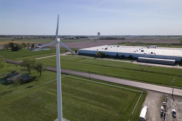 A large-scale battery storage facility connected to a wind farm. The facility features rows of battery containers, showcasing the scale necessary for grid-level energy storage. Wind turbines are visible in the background, representing the source of renewable energy being stored. This setup highlights What are the Latest Innovations in Renewable Energy Technology and Their Impact on US Sustainability Goals?