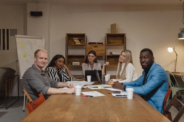 A diverse team of business users collaborating around a table, with one member showcasing a no-code application they built on a tablet. The scene highlights how The Growing Importance of Low-Code/No-Code Platforms for US Tech Companies: A 2025 Perspective is empowering non-technical staff and fostering innovation across diverse teams.