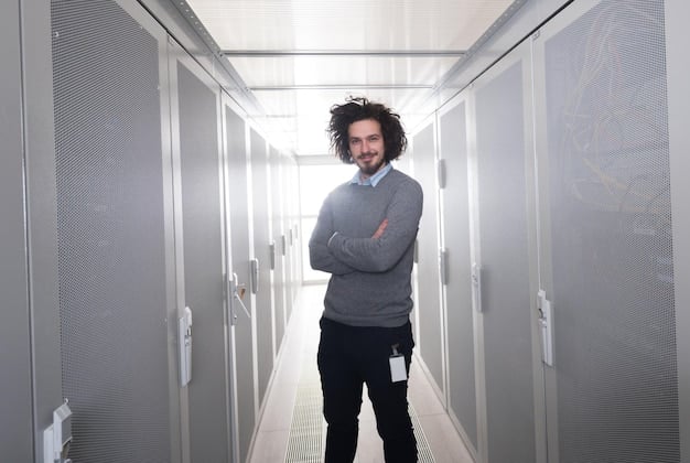 A security engineer configuring data encryption settings on a server. The server room is clean and well-organized, emphasizing the importance of robust data security measures for Data Privacy Compliance for US Startups: How to Prepare for the California Consumer Privacy Act (CCPA) 2.0 in 2025.