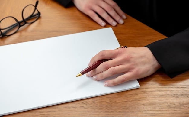 A close-up of a hand signing a legal document with a pen. The document is partially visible and includes words like 