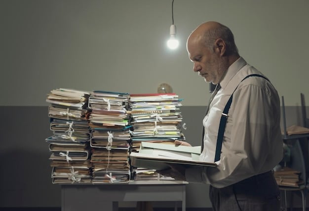 A person sorting through various legal documents related to employee classification, highlighting the complexity and the need for careful attention to detail. Labels on the documents include 