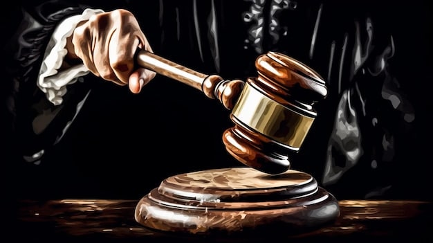 An image depicting a gavel hitting a sounding block in a courtroom setting, symbolizing legal compliance and the consequences of non-compliance. In the background, there are blurred legal documents and a scale of justice. This imagery underscores the penalties associated with not Navigating the Corporate Transparency Act: A Step-by-Step Guide for US Startups to Avoid Penalties in 2025 properly.