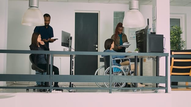 An office space designed with ADA compliance in mind, featuring adjustable desks, wider doorways, and clear pathways for wheelchair users. The image showcases practical implementations of The Entrepreneur's Guide to ADA Compliance: Making Your Website and Workplace Accessible in 2025.