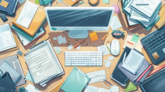 An aerial view of a well-organized workspace, with documents neatly stacked, a computer showing a balanced spreadsheet, and a person carefully reviewing the data, symbolizing meticulous attention to tax compliance for startups.