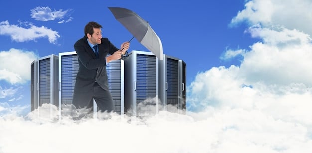 A digital illustration depicting a shield protecting a business building from storm clouds, symbolizing contract compliance as a protective measure for startups.
