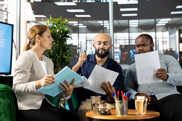 A diverse group of entrepreneurs reviewing a large document together in a modern office setting. The scene conveys collaboration and informed decision-making. The colors are bright and inviting, highlighting the importance of teamwork in franchise compliance.
