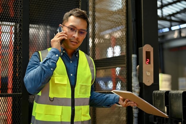 An image of an OSHA inspector conducting a safety audit in a warehouse. The inspector is wearing a hard hat and using a checklist to evaluate safety measures. This visually represents OSHA's oversight in ensuring Workplace Safety Compliance.