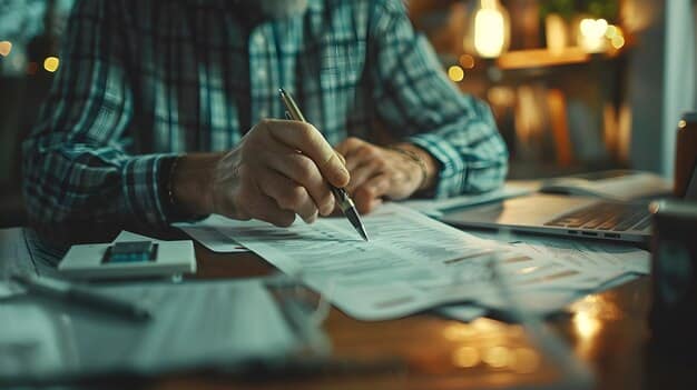 A close-up shot of a hand filling out an IRS Form W-9, with a pen and a calculator on a wooden desk. Documents and a 