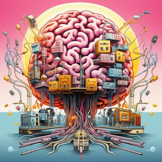 A conceptual illustration depicting data flowing into a stylized brain, overlaid with icons representing various deep tech fields like quantum computing, biotechnology, and space exploration, forming a nexus of future innovation.
