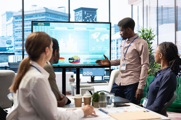 A diverse team of startup employees collaborating around a large digital screen displaying a complex data visualization, with one person pointing to a section labeled 